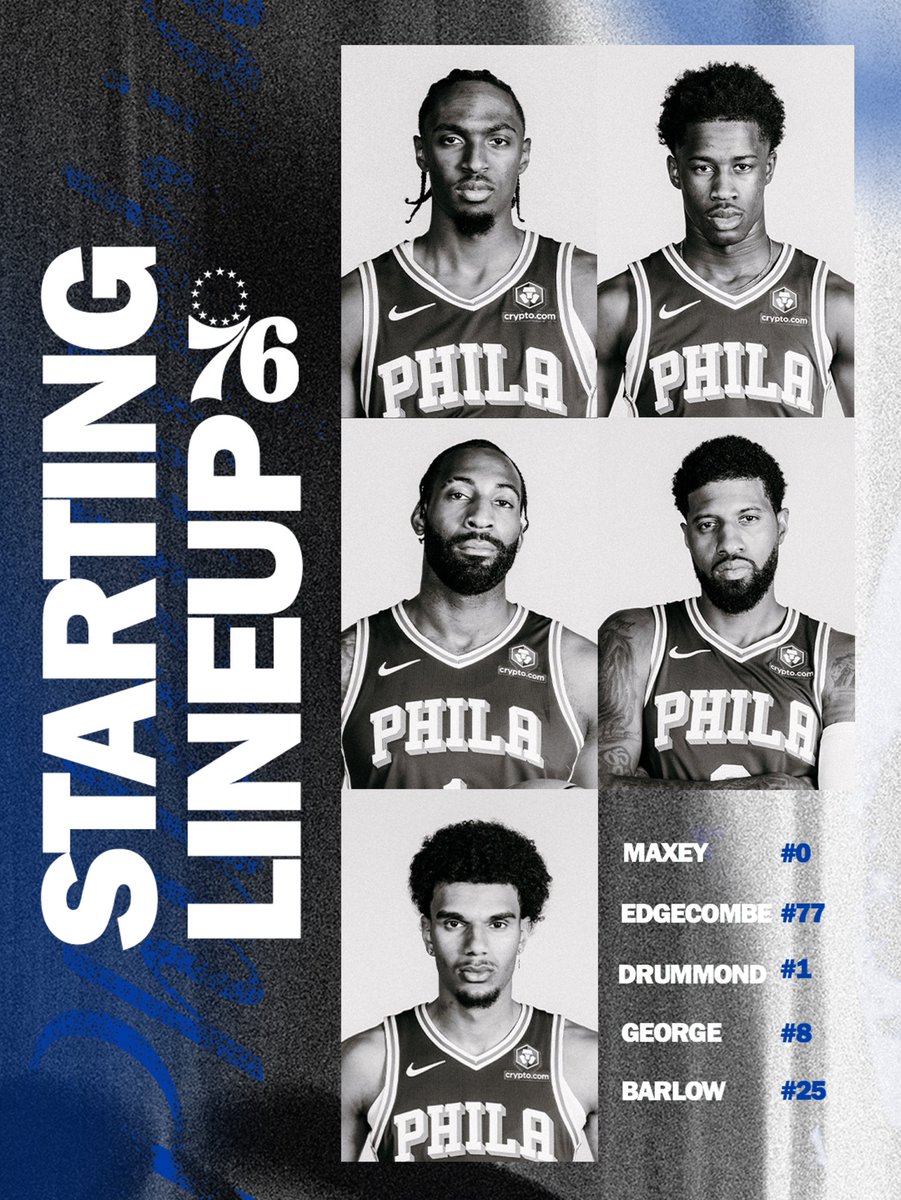 sixers's tweet image. tonight’s starting five:

🔔 @TyreseMaxey 
🔔 @vj_edgecombe 
🔔 @AndreDrummond 
🔔 @Yg_Trece 
🔔 @Dominickbarlow_