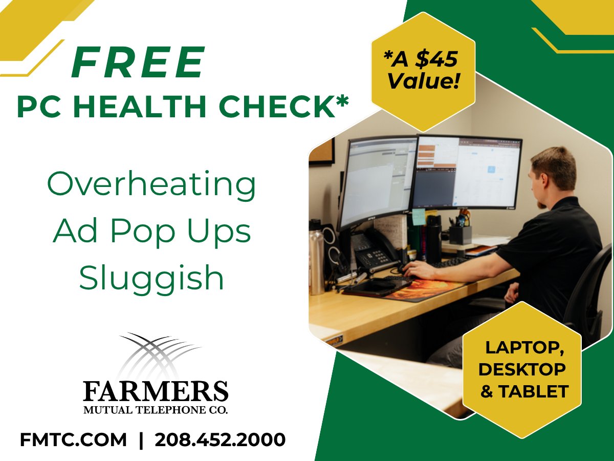 fmtc's tweet image. Free PC Health Check - A $45 Value, for a limited time. Call to schedule or bring your laptop, desktop PC or tablet by the FMTC business office, 319 SW 3rd St in Fruitland, Monday-Friday, 8am-5pm. #hereforyou #freepchealthcheck #fmtc #fmtcidaho