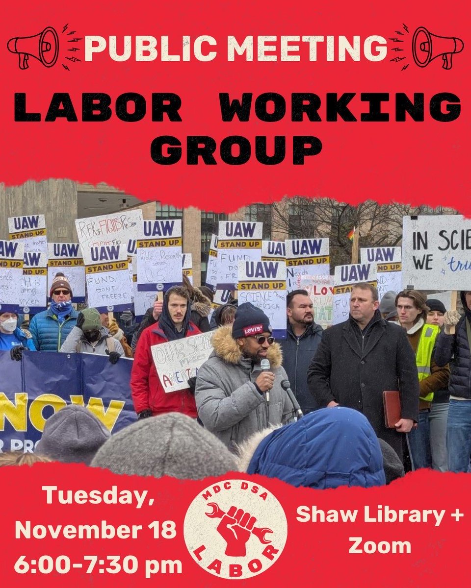 labor_mdcdsa's tweet image. Our monthly Labor Working Group meeting is on Tuesday, November 18th! Join us to hear updates from existing labor campaigns and opportunities for solidarity and organizing.

We’ll be meeting in person at the Shaw Library and on Zoom - all are welcome! RSVP at the link below.