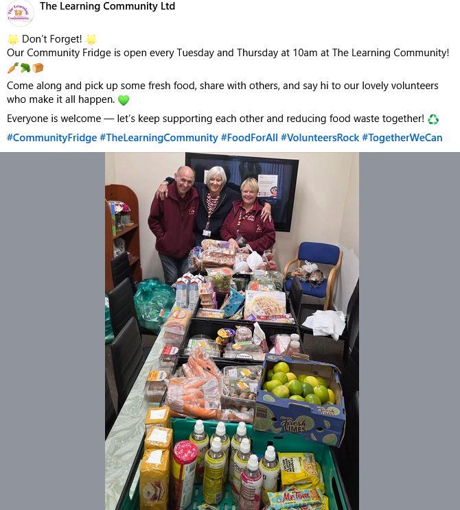 Stag_RosePPG's tweet image. #November with @TheLearningCom4 

Community Fridge OPEN 10am

#communityfridge #communityhub #socialprescribing