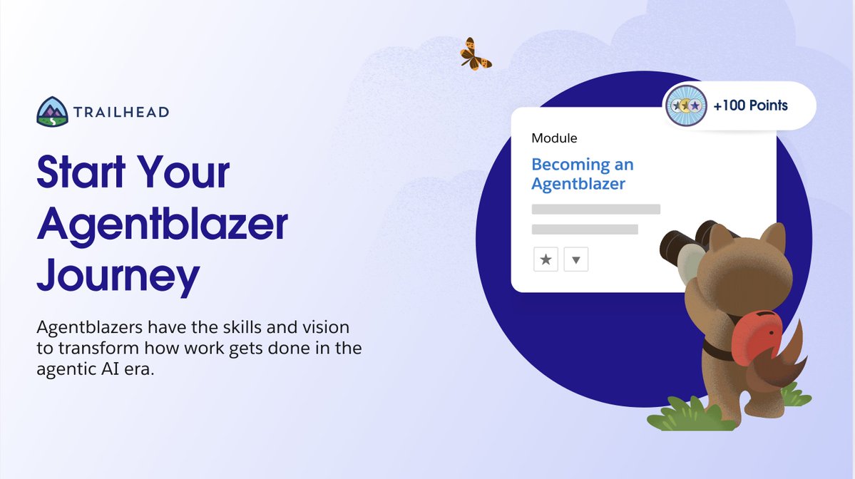 trailhead's tweet image. 💡 Learn AI. 🤖 Build an agent. 🚀 Boost your career.

Become an Agentblazer and master Agentforce concepts to gain skills in AI, automation, data management, productivity, governance &amp;amp; ethics.

Get started: sforce.co/3LQTDzz