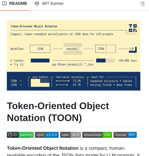 tom_doerr's tweet image. Serialization format for JSON that minimizes tokens
