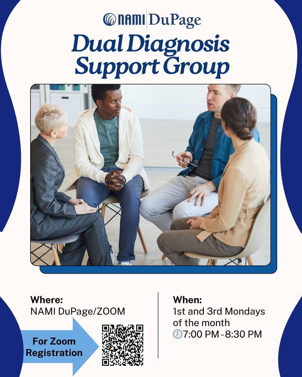 DupageNami's tweet image. Join us for our Dual Diagnosis Support Group tomorrow night. 💚

✨This group is hybrid:
For in-person attendance, there is no pre-registration required.
To attend via Zoom, please register using the QR code above or this link: buff.ly/7B7Hqwg