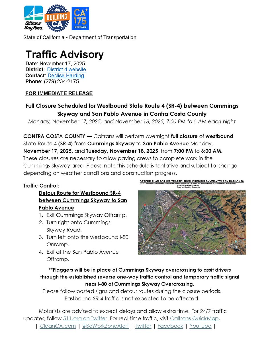 CaltransD4's tweet image. 🚧 Full WB SR-4 Closure between Cummings Skyway and San Pablo Ave on Nov 17–18, 7 PM–6 AM for paving work.

Use posted detours and expect delays. Eastbound SR-4 not affected.

Check 511 and Caltrans QuickMap quickmap.dot.ca.gov for real-time updates.
#BeWorkZoneAlert