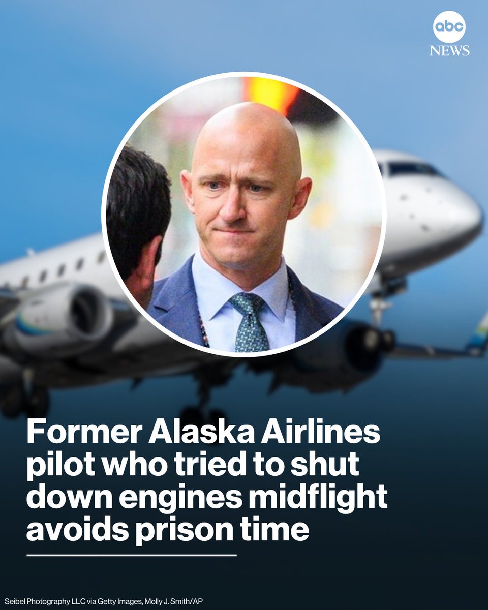 ABC's tweet image. A former Alaska Airlines pilot will avoid prison time for trying to shut down the engines of a passenger plane in midair from a cockpit jump seat while reeling from the effects of psychedelic mushrooms, prompting an in-flight emergency. abcnews.link/Y6Z5hev