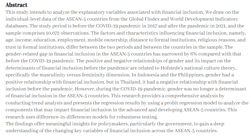 EkonomiJurnal's tweet image. What determines financial inclusion? Evidence from the ASEAN-5 countries

dx.doi.org/10.17576/JEM-2…

#ASEAN-5 #Determinants #financialinclusion