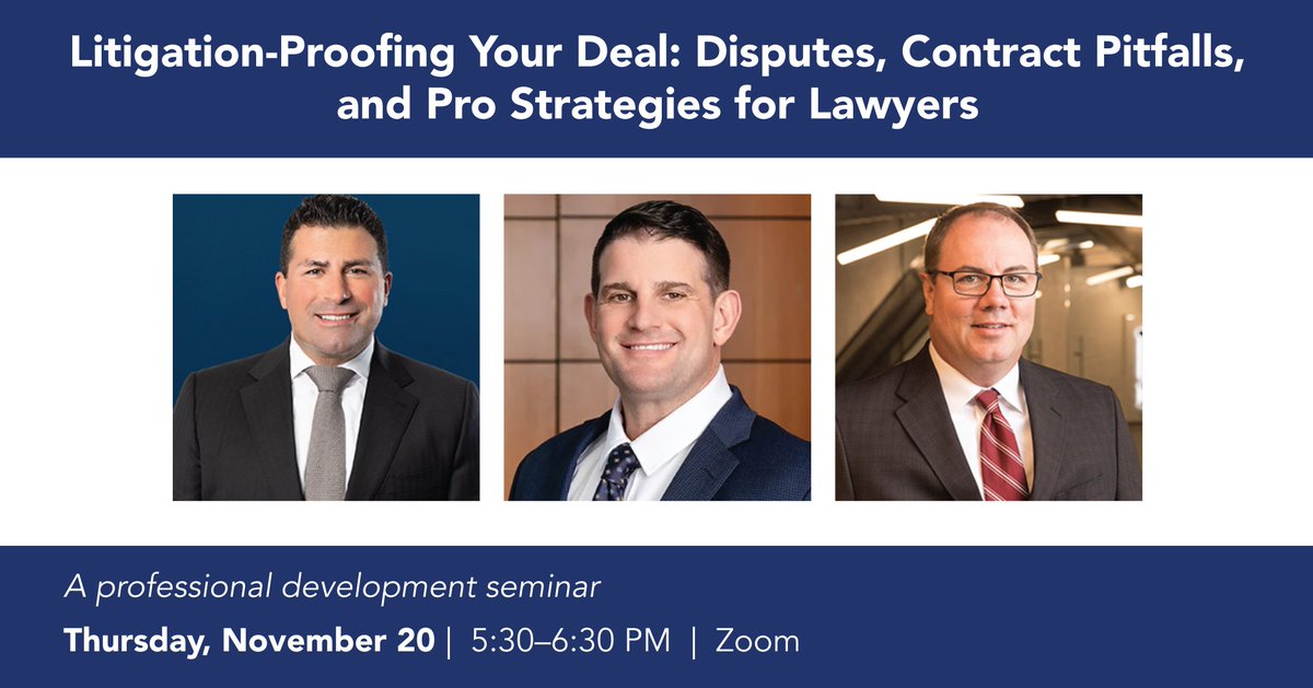 Don’t miss Litigation-Proofing Your Deal: Disputes, Contract Pitfalls, and Pro Strategies for Lawyers.

Join us this Thursday, November 20, from 5:30 to 6:30 p.m. on Zoom.

Featuring panelists Matthew P. Allen, Jordan S. Bolton, and Roger P. Meyers.

ocba.org/litigationsemi…