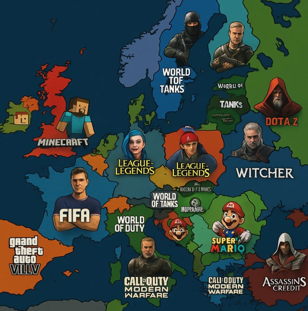 ChatgptLunatics's tweet image. Most popular video games in each European country