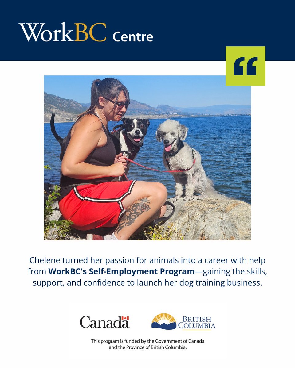TerraceWorkbc's tweet image. This #GlobalEntrepreneurshipWeek, Chelene is following her passion and building a business around what she loves most, which is working with animals. With WorkBC’s support, she’s now running her own dog training business.
#Entrepreneurship #SelfEmployment #WorkBCCentreTerrace
