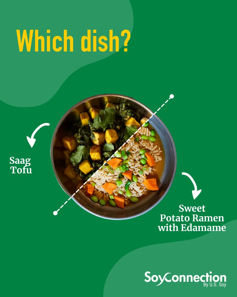 This or that? ✨
Comment and let us know if you prefer… 
🌿Saag Tofu
Or 
🍠 Sweet Potato Ramen with Edamame

soyconnection.com/recipes

#SoyConnection #USSoy #recipe #tofu