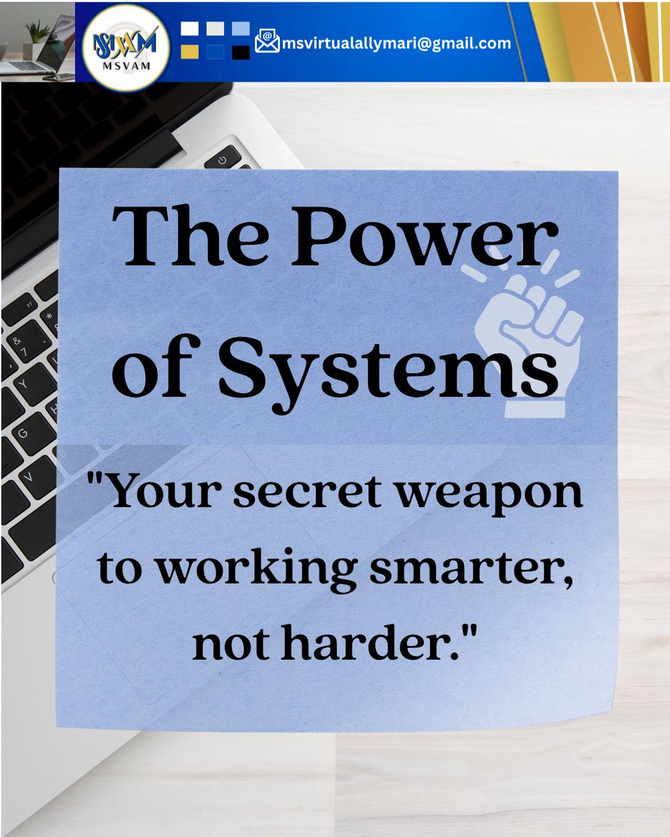Basco_Marilyn13's tweet image. Feeling overwhelmed by daily tasks? Start building simple systems that save you hours every week. Organization isn’t just nice — it’s freedom. 💻✨

#VASystems #WorkSmart #VirtualAssistantLife #MSVAM #ProductivityTips