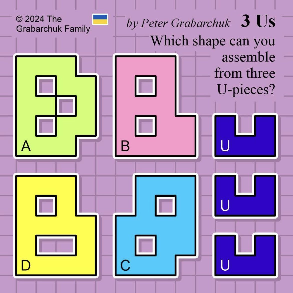 PuzzleMove's tweet photo. 3 Us (by Peter Grabarchuk). Which shape can you assemble from three U-pieces?

#3Us #Grabarchuk #puzzle #Upuzzle #area #geometry #geometrypuzzle #brainteaser #solve #challenge #think #SupportUkraine 🇺🇦 https://t.co/gNGTVGcxuL