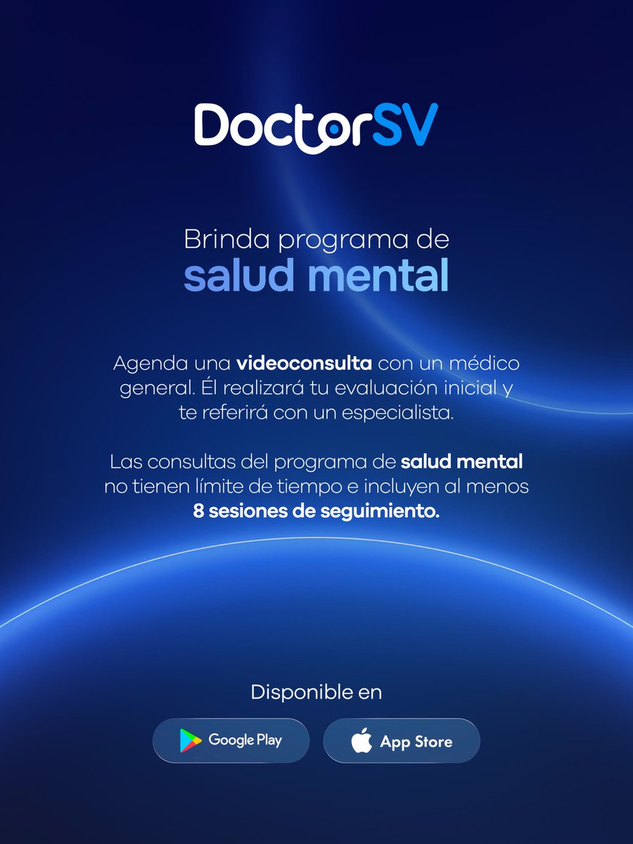 Programa una videoconsulta en DoctorSV para ser evaluado y referido con un especialista de salud mental desde tu celular.

Disponible en Google Play y App Store.