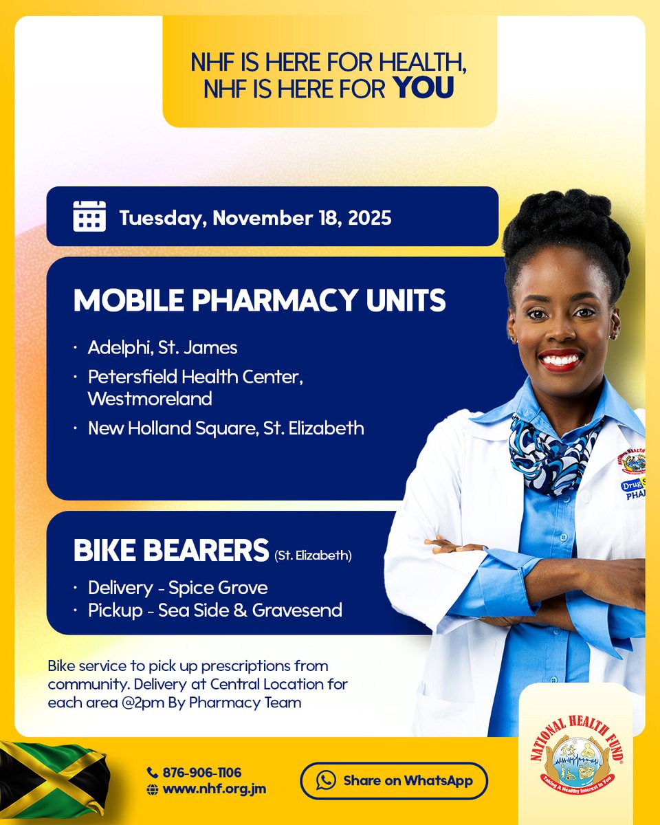 🚐 NHF Mobile Pharmacy Units – Tuesday, Nov 18

We’ll be back on the road tomorrow, bringing pharmacy services closer to you in:
•Adelphi, St. James
•Petersfield Health Centre, Westmoreland
•New Holland Square, St. Elizabeth
💊 Prescription pickup continues in Spice Grove,