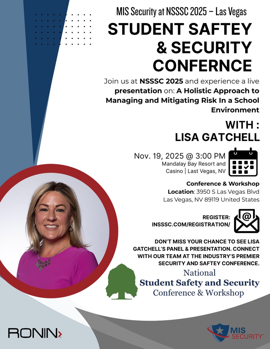 MISSecurity_usa's tweet image. We’re proud to be part of the Student Safety &amp;amp; Security Conference in Las Vegas!
Join us for a powerful session with Lisa Gatchell on managing and mitigating school risk. #schoolsafety #physicalsecurity #security #lasvegas #NSSSC
