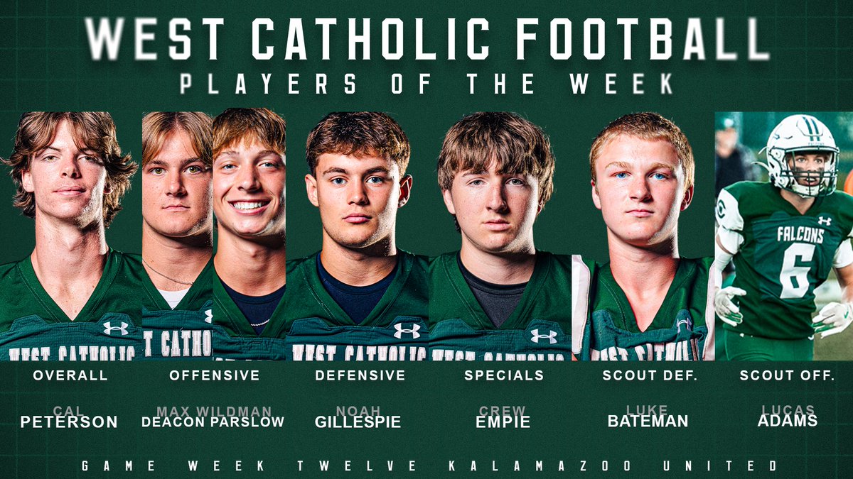 Week 12
Kalamazoo United 
Players of the Week

Overall - Cal Peterson
Offensive - Max Wildman &amp; Deacon Parslow
Defensive - Noah Gillespie 
Special Teams - Crew Empie 
Scout Defense - Luke Bateman 
Scout Offense - Lucas Adams  

#WeTheWest | #GRWCFootball
