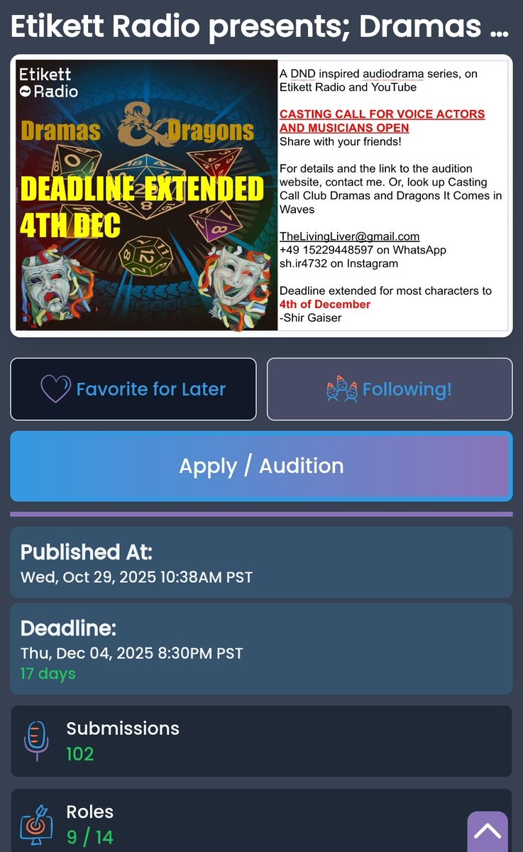 Hello VA's! If you are on Casting Call Club, do NOT audition for this project! This person stole other people's characters to use without their permission! Please spread the word