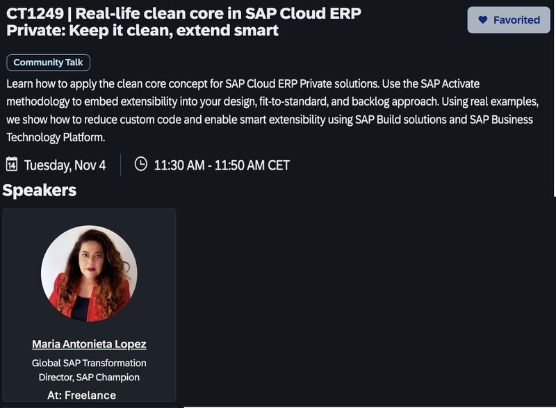 Mariettalg's tweet image. 🔥Mi sesión en SAP TechEd: “Clean Core en la práctica p/ SAP Cloud” superó expectativas ✔ Sala llena y Energía increíble. Gobernanza, mentalidad  y tecnología unidas para lograr agilidad real.
Gracias Sandra Solis por aportar una visión sobre extensibilidad
#SAPTechEd #CleanCore