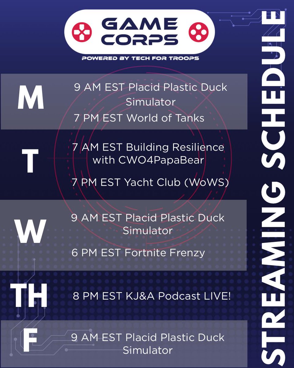 KJandApodcast's tweet image. This weeks @GameCorps0  stream lineup is live! From Placid Plastic Duck Simulator to World of Tanks, Yacht Club, Fortnite Frenzy, and the LIVE KJ&amp;amp;A Podcast — we’re rolling all week.
Join the mission: Twitch.tv/GameC0rps
#GameCorps #TechForTroops #GamingWithPurpose #VetSupport