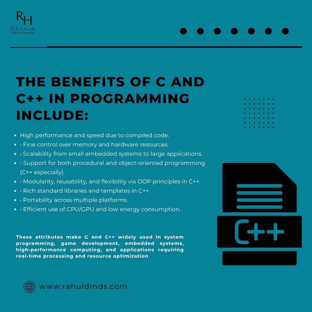 MarketerRahul's tweet image. C and C++ are powerful programming languages with unique strengths. C offers close-to-hardware programming with efficient use of memory and system resources, making it ideal for system programming, embedded software, and real-time applications.
#ProgrammingBenefits #CLanguage