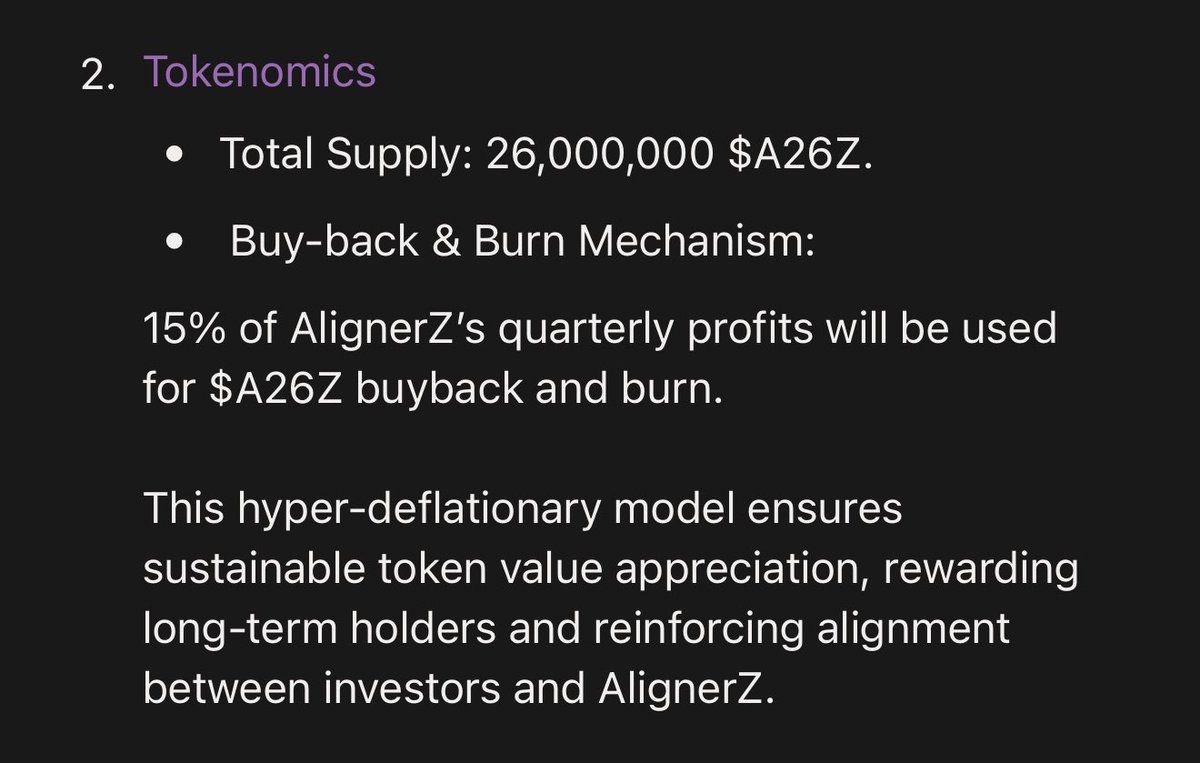 FKAY0FFICIAL's tweet image. g26 frens

Let’s take a look at @Alignerz_ tokenomics 👇

26M supply.
15% of quarterly profits used to buy back + burn $A26Z.

Simple, deflationary, and built to reward longterm holders.

Bullish on @Alignerz_ 🥶