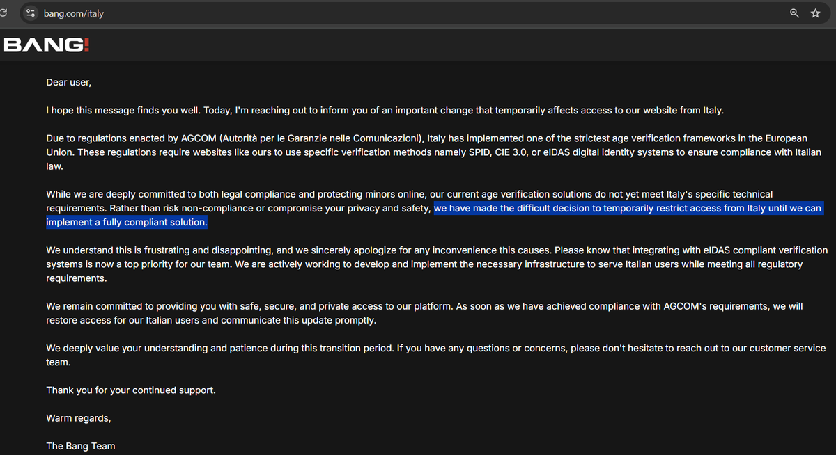 relationsatwork's tweet image. Alla luce delle osservazioni ultime 48h, rinvio le note pub su @AGCOMunica #AgeVerification a 01:00AM 12NOV.

Intanto, persiste NON-conformità @onlyfans con @getyoti (ora rifiuta cmq AgeKey rilasciate da altri AAP) e c&apos;è già un primo sito, che ha stoppato accessi dall&apos;Italia.