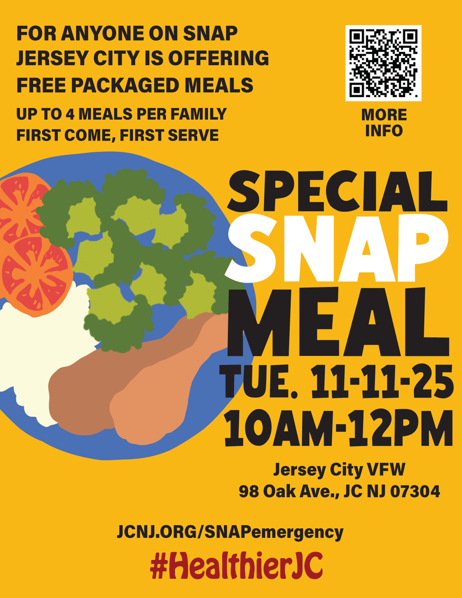 HealthierJC's tweet photo. Free packaged meals for SNAP families!
🗓️ Tue, Nov 11 | ⏰ 10AM–12PM
📍 98 Oak Ave, Jersey City
Up to 4 meals per family—first come, first served!
#HealthierJC #JerseyCity #SNAPsupport #JerseyCityCares https://t.co/9HIa4UCMnt