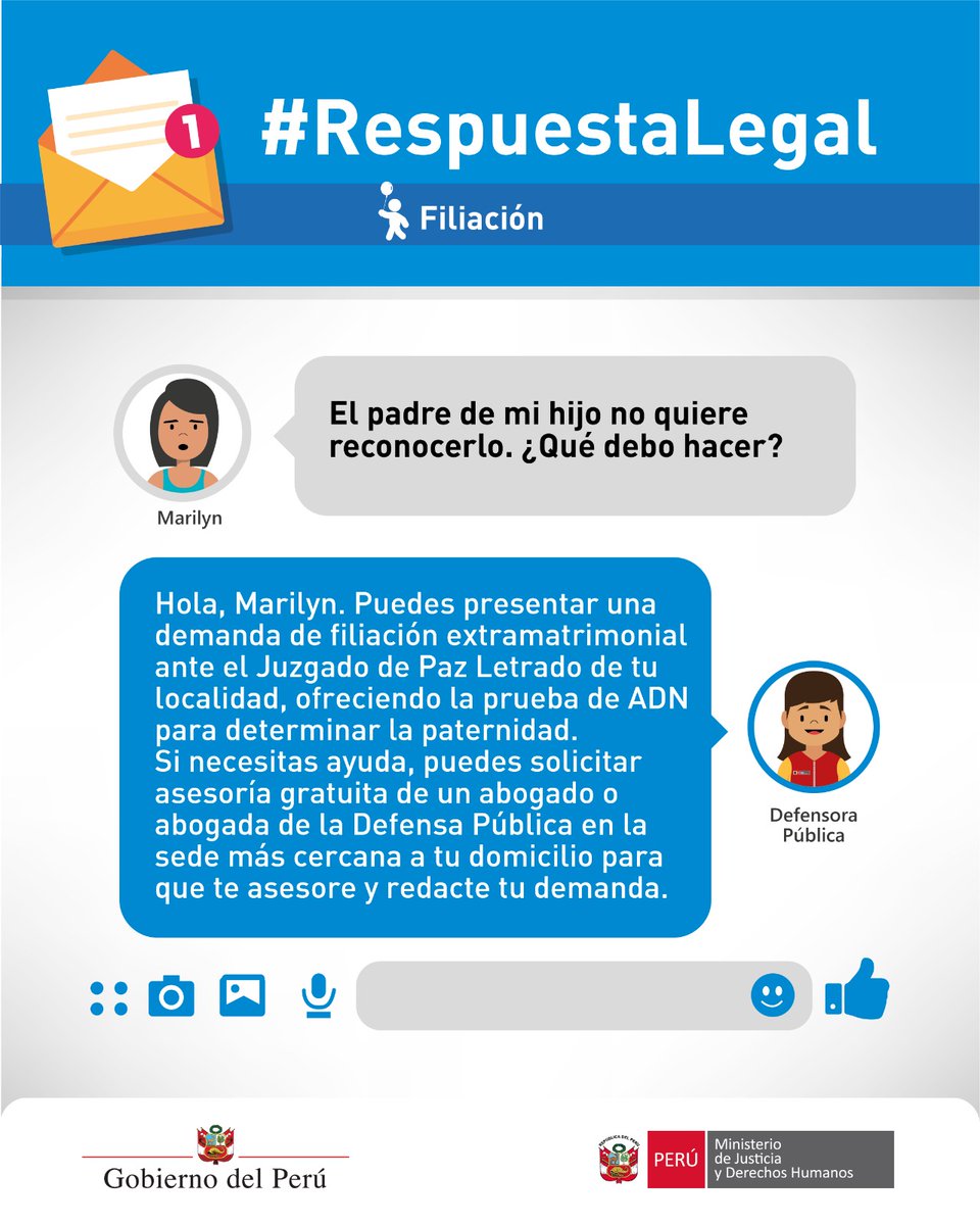 MinjusDH_Peru's tweet image. ¿El padre de tu hija o hijo se niega a reconocerlo? 🤔 Presta atención a nuestra #RespuestaLegal 📩 de hoy.
☝️ Si tienes más dudas, llama al 1884 de la #DefensaPública para recibir asesoría y patrocinio legal gratuito.