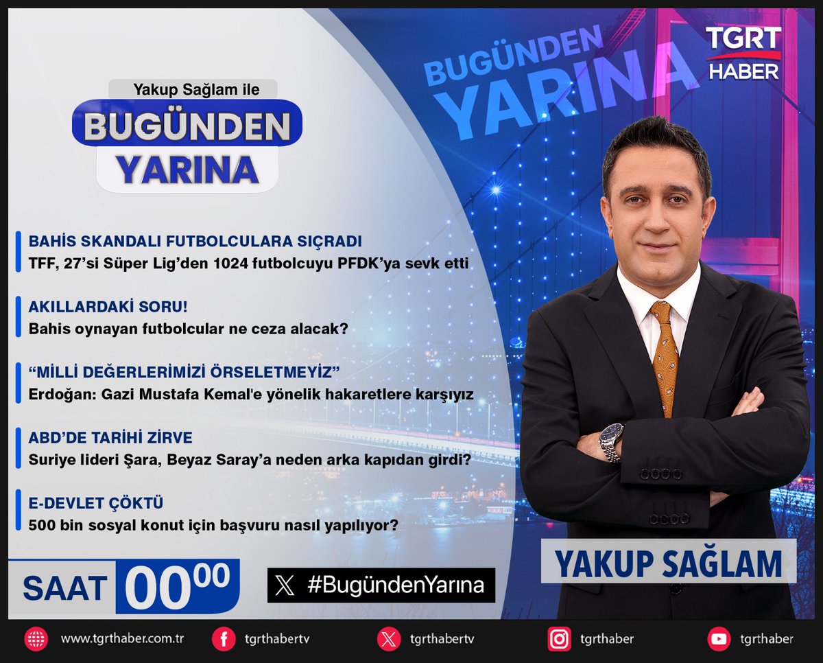 📌 BAHİS SKANDALI FUTBOLCULARA SIÇRADI
TFF, 27’si Süper Lig’den 1024 futbolcuyu PFDK’ya sevk etti

📌 AKILLARDAKİ SORU!
Bahis oynayan futbolcular ne ceza alacak?

📌 “MİLLİ DEĞERLERİMİZİ ÖRSELETMEYİZ”
Erdoğan: Gazi Mustafa Kemal'e yönelik hakaretlere karşıyız

📌 ABD’DE TARİHİ
