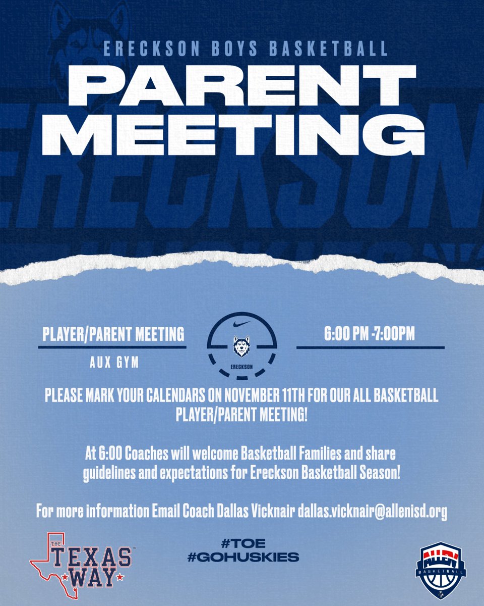 EMSBoysAth's tweet photo. 🏀 Basketball Parent Meeting 🏀
We’ll host our Parent Meeting on Monday, Nov. 11th at 6:00 PM in the Aux Gym.
Come meet the coaches, learn about the season, expectations, and how to support our athletes! 💪🐾 #HuskyHoops #TOE #GoHuskies https://t.co/qIClAbtZGv