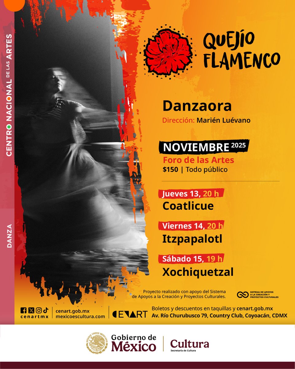 Tres bailarinas se convertirán en la Danzaora para esta entrega de #QuejíoFlamenco. En estas funciones se altera el yo para dar paso a la manifestación y ser la ofrenda misma.

🎟️ Boletos: cenart.comprarboletos.com/artes-escenica…