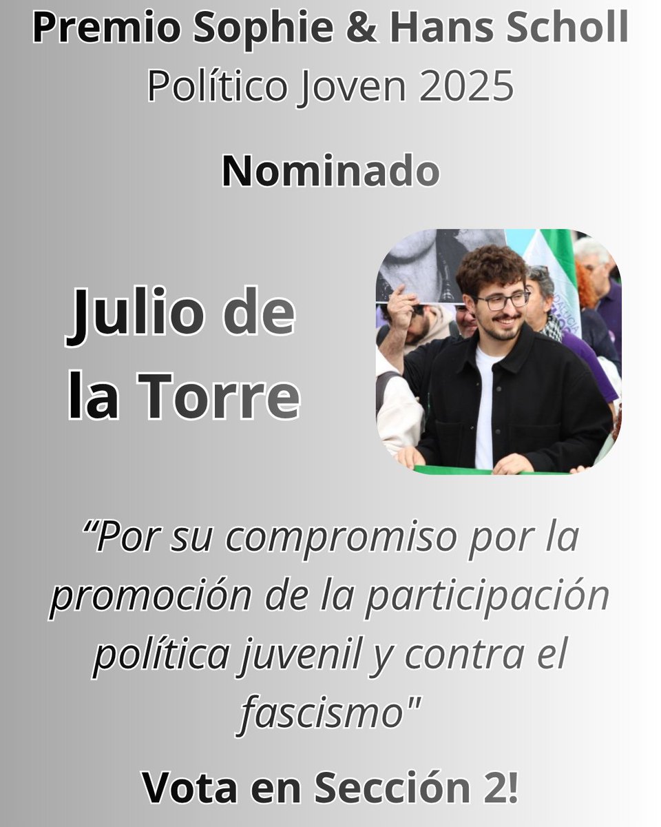 ⭐💫 <a href="/TorreJuliodela/">Julio de la Torre |-/ 🔴 🟣 🇵🇸 #BREACH</a> de <a href="/rebeldiajoven/">REBELDIA</a> NOMINADO a Político Joven del año 💫

"Por su compromiso contra el fascismo" 💥

VOTA AQUÍ 👇 (SECCIÓN 3)

forms.gle/r9NseRVM33uc7R…