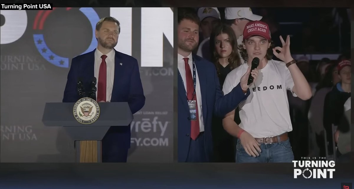 astradisastra's tweet image. Torturing myself by watching Vance's Ole Miss q&amp;amp;a. Everyone got  riled up about the hug, but look at this kid flashing a white power symbol and the VP guffawing.
