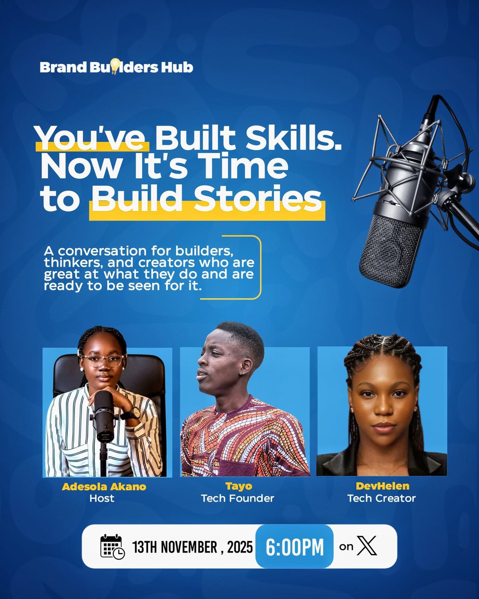 TECH SKILLS ARE NO LONGER ENOUGH: YOU NEED BRANDING TO STAND OUT

​The AI era killed good enough.  Learn how to build the digital leverage that attracts jobs, clients, and investment.

​Thursday, 13th November  2025, at 6:00 PM WAT

x.com/i/spaces/1zqJV…