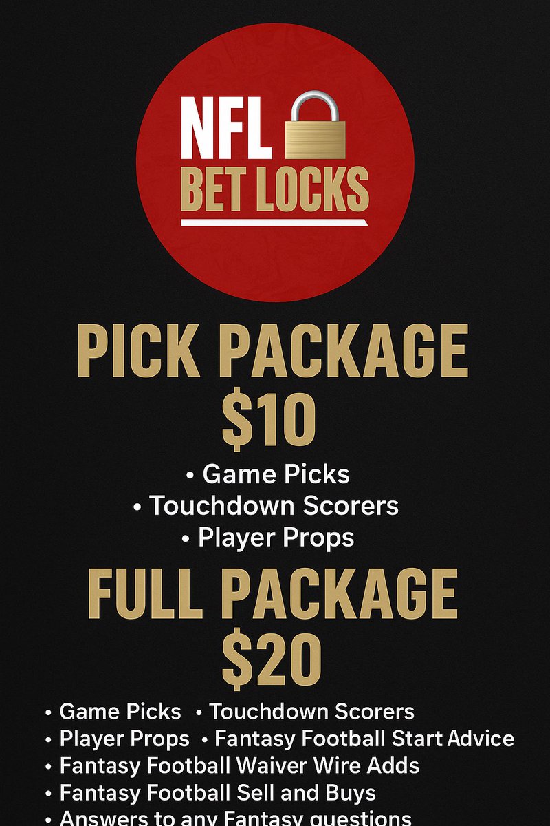 NFLBetLocks's tweet image. What’s up fellas - it’s been a solid year, and I want to help you make some profit too. I’m back with two packages: the Pick Package with all my game picks, props, and TD scorers, and the Full Package, which includes everything plus fantasy football analysis, lineup advice, and…