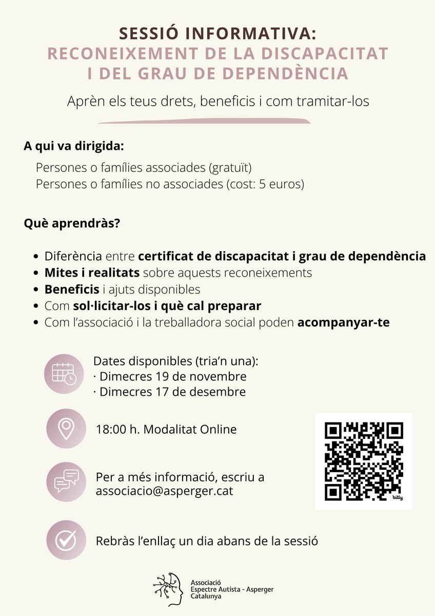 📢 Us convidem a una interessant xerrada que oferirem sobre el reconeixement de la discapacitat i dependència en l’autisme. 

Us podeu inscriure en qualsevol d'aquestes dues dates, atès que repetirem la sessió.

🗓️ 19/11/2025
🗓️ 17/12/2025

📲 Inscripció: bit.ly/xerradanovembr…