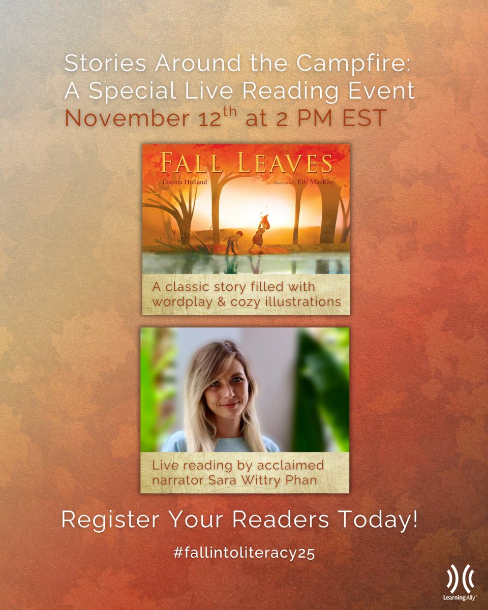 Learning_Ally's tweet image. Reading is &quot;S&apos;more Fun&quot; Together! 🔥 Join us for a FREE live virtual reading with narrator Sara Wittry Phan.

Perfect for elementary/middle school classes!

Register now (Wed, Nov 12, 2 PM EST): bit.ly/3WOVk2P

#FallintoLiteracy25  #Teachers #LearningAlly