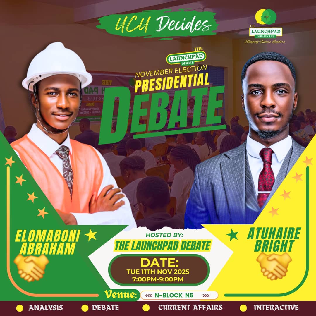 Join us tomorrow, Tuesday 11th November 2025, for the Guild Presidential Debate as Elomaboni Abraham and Atuhaire Bright go head-to-head on ideas, leadership, and the future of UCU.
You have no other place to be than N5! 
#UCUDecides25