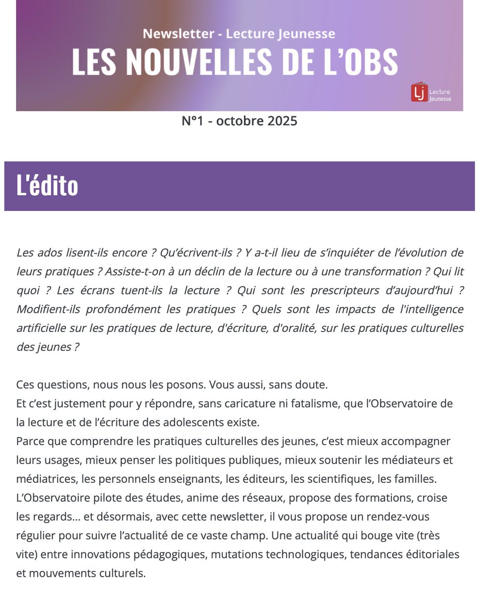 📨 #Lecture | #ÉMI

🔶 « Les Nouvelles de l’Obs », newsletter n°1 d’octobre 2025, par l’Observatoire des pratiques de lecture et d’écriture des ados de l’association Lecture Jeunesse : 

Newsletter 👉 sh1.sendinblue.com/3hmey5ws29xpfe…
Présentation &amp; abonnement 👉 lecturejeunesse.org/dossier/newsle…