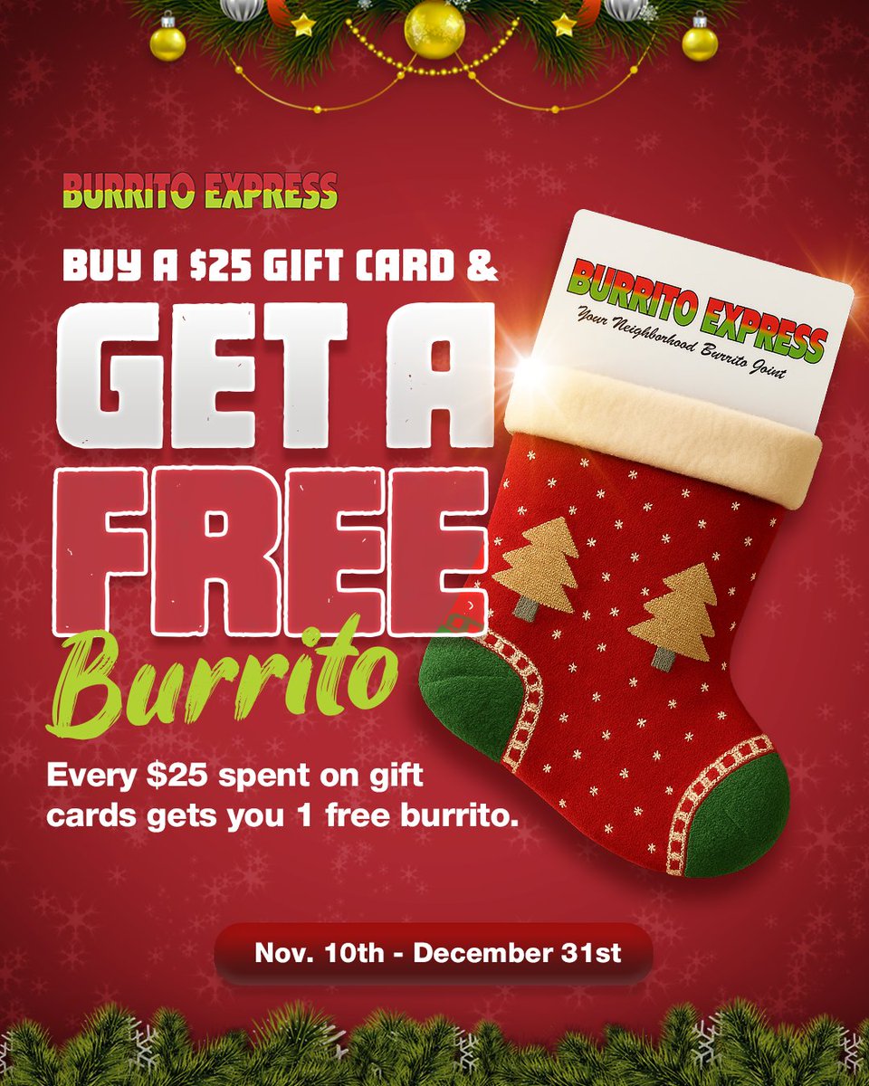 Burritoexp's tweet photo. 🎁 Wrap up some holiday flavor at Burrito Express! 🌯✨

Buy a $25 gift card and get a FREE burrito, because giving (and eating) should both taste amazing! 😋❤️

📅 Offer valid from Nov 10th – Dec 31st

Perfect for stocking stuffers or a treat for yourself 😉

#BurritoExpress #HolidaySpecial #FreeBurrito #GiftCardDeal #TasteTheJoy