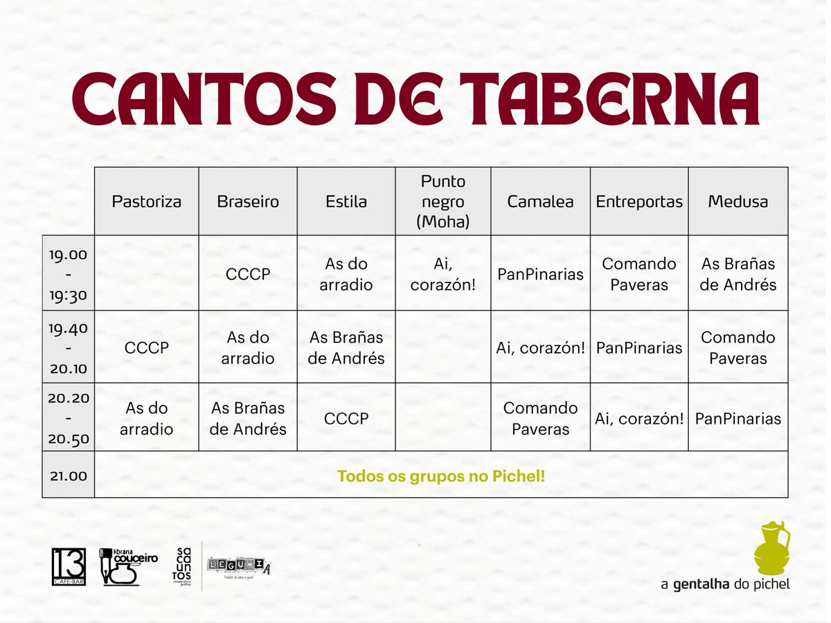 Todo pronto para esta sexta-feira! Foliada mensal do Pichel e cantos tabernários! 🎶
De 19h a 21h os nossos queridos grupos percorreram os bares deste bairro extendido nesta ocassom para juntar-nos todas no Pichel às 21h e seguir até que o corpo aguante de foliada!