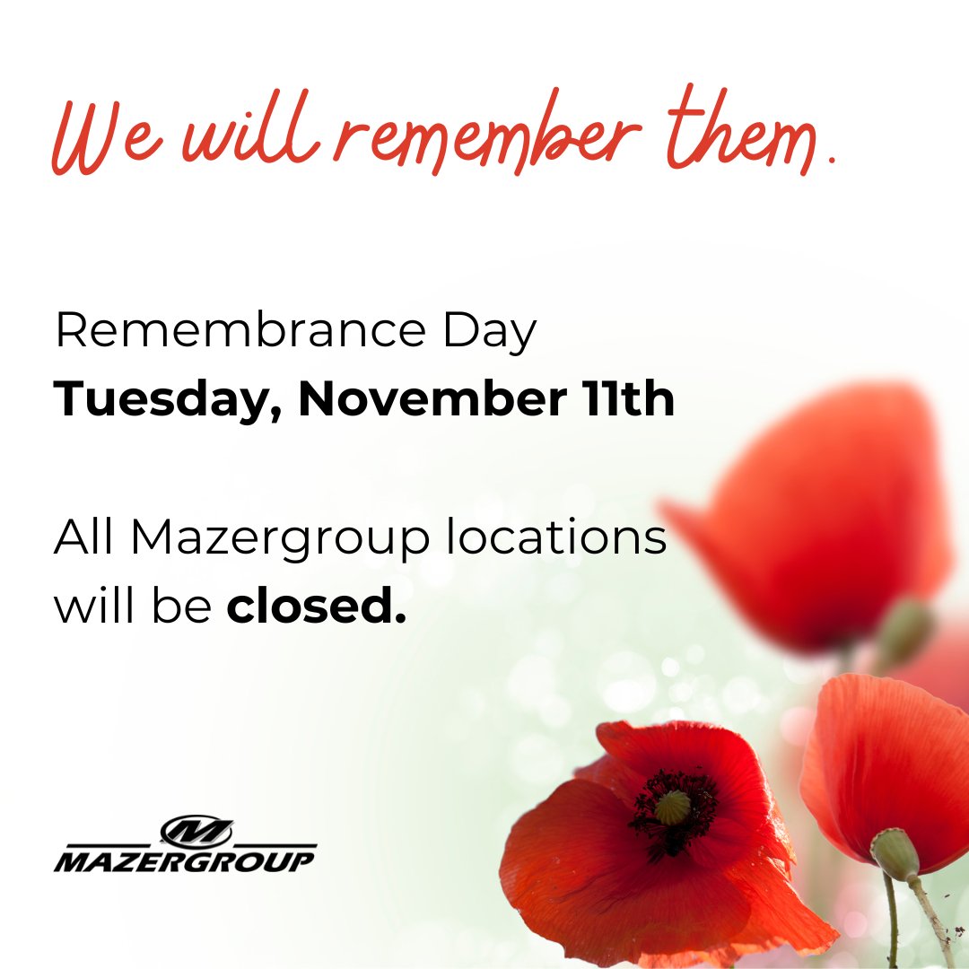 In recognition of Remembrance Day, our dealerships will be closed Tuesday, November 11th. Lest we forget. 
.
.
#remembranceday #mazergroup #manitoba #saskatchewan #lestweforget