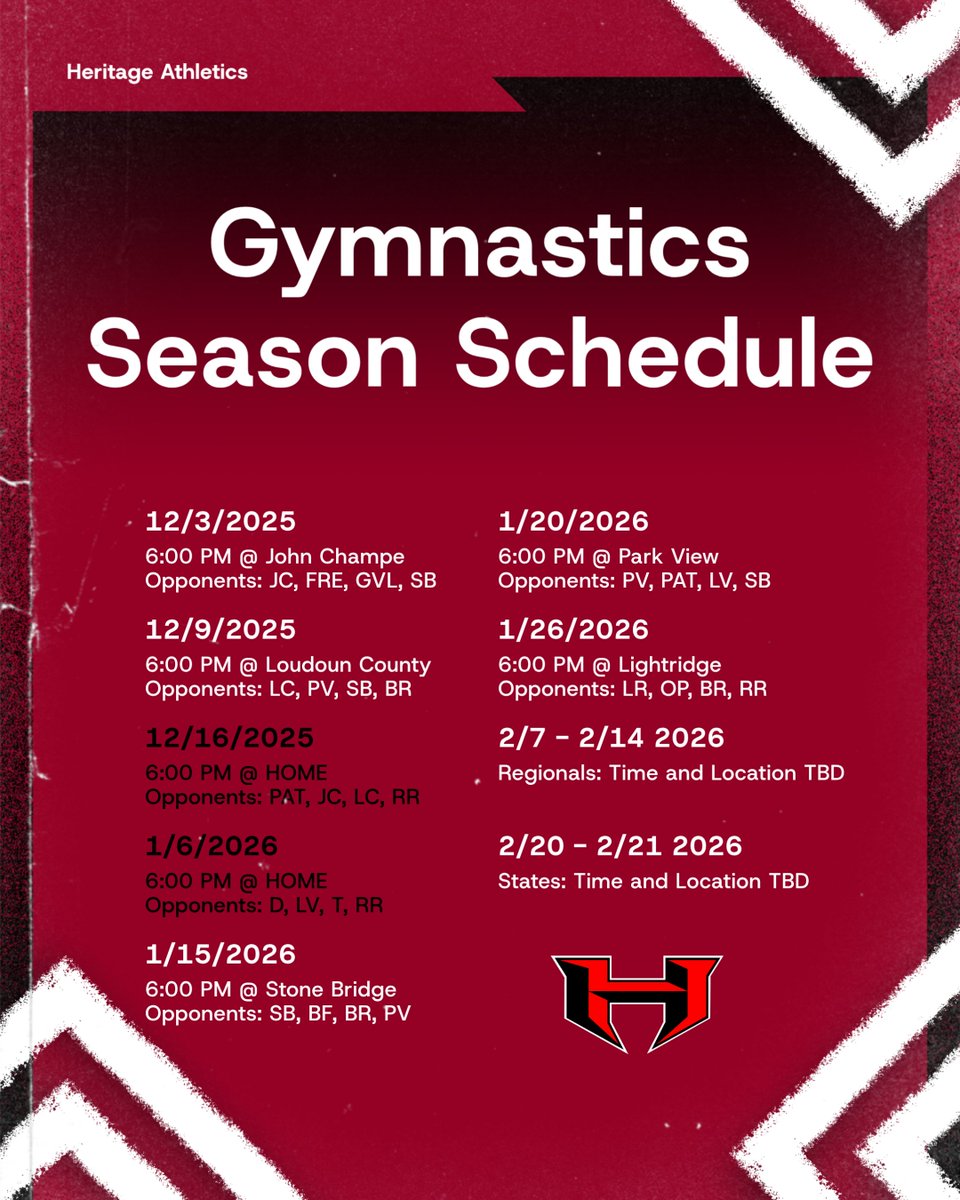 HHSPrideSports's tweet photo. Check out our Heritage Gymnastics Schedule for the 2025-2026 season!
@hhspride_abc https://t.co/h6AVzS2Atw
