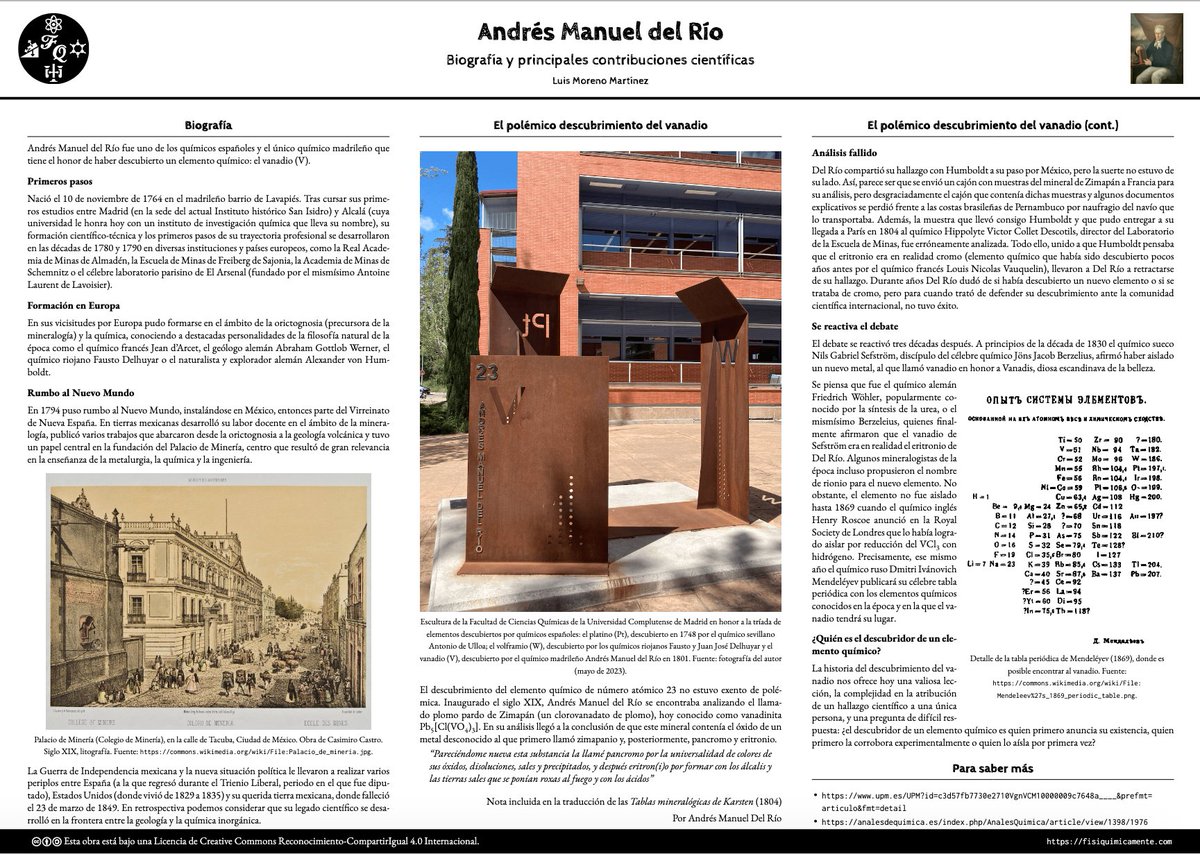 El 10 de noviembre de 1764 nacía en Madrid Andrés Manuel del Río, figura de la historia de la ciencia que nos legó un elemento químico: ¡el vanadio! Recurso para divulgar su biografía entre nuestro alumnado en: 
acortar.link/OnOyCT (póster) 
acortar.link/K9feYs (tríptico)