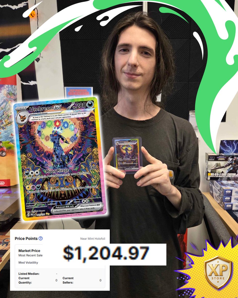XPstoreGA's tweet photo. Throwback to one of the BIGGEST pulls we’ve seen at XP Store! 🔥

@ oof12__ pulled the Umbreon ex – 161/131 – SV: Prismatic Evolutions (PRE), valued at over $1,200 on TCGplayer! 💎

Think you can top this? 👀
Head on over to the store and see if you can one-up this pull!

📍 Flowery Branch, GA
📲 Follow us for more epic pulls and community highlights