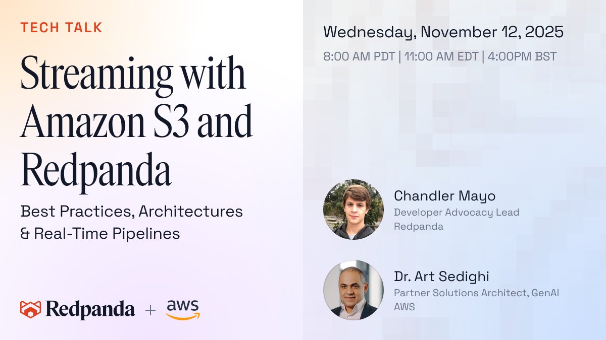 redpandadata's tweet image. 💬 TECH TALK: #Streaming with Amazon #S3 &amp;amp; Redpanda

Join us on Wednesday to learn how to:
🔗 Bring data from Amazon S3 into Redpanda Serverless w/o custom code
📤 Export data from Redpanda to S3 in JSON/batched JSON arrays/Parquet formats
📊 Enable analytics and event-driven…