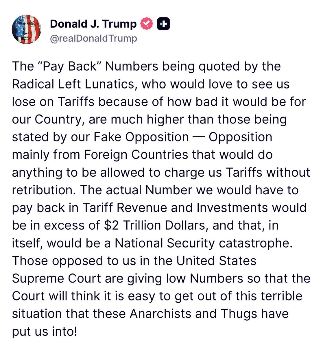 MAGAVoice's tweet photo. BREAKING 🚨 President Trump sounds the alarm on Tariffs if the Supreme Court forces America to pay back $2 Trillion Dollars in Tariff revenue

TIME TO GET LOUD MAGA https://t.co/1foJLf4jQo