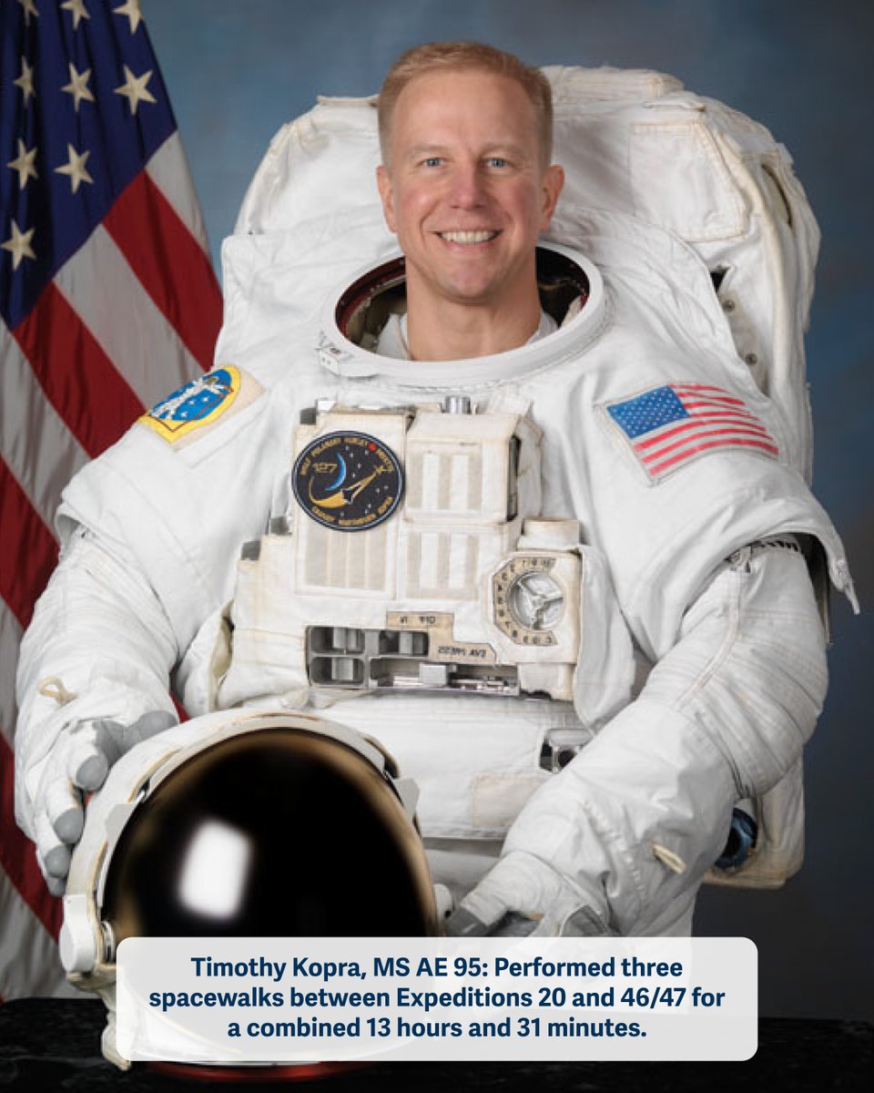 gtalumni's tweet image. Alumnus Timothy Kopra, MS AE 95, spent 13 hours in space, performing three space walks between Expeditions 20 and 46/47.