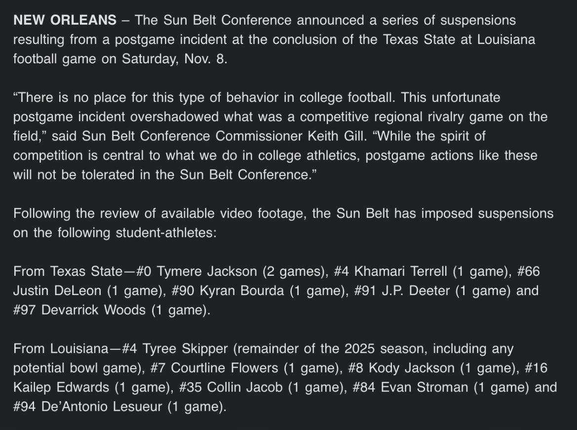 The Sun Belt announces suspensions following the brawl postgame between Louisiana and Texas State. 

Seven Cajuns have been suspended, including Tyree Skipper who has been suspended for the remainder of the year.