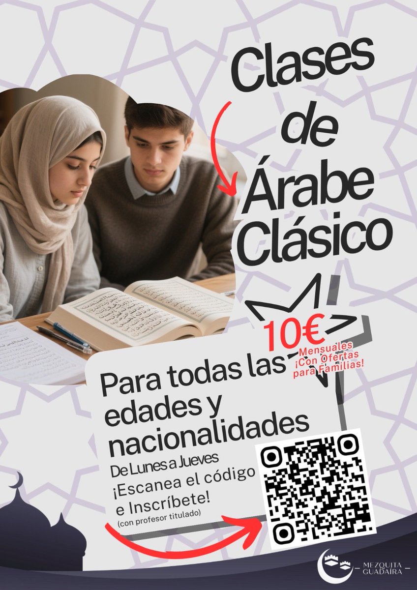 ⸻

📚 ¡Vuelven las clases de árabe en la Mezquita de Guadaíra! 🕌
Aprende árabe desde cero o mejora tu nivel con un profesor titulado.
Solo 10 €/mes 💰
👨‍👩‍👧‍👦 Oferta familiar: el 4.º no paga
Plazas limitadas ⏳
Inscríbete 👉 forms.gle/QdRAT4LoeBamuM…
